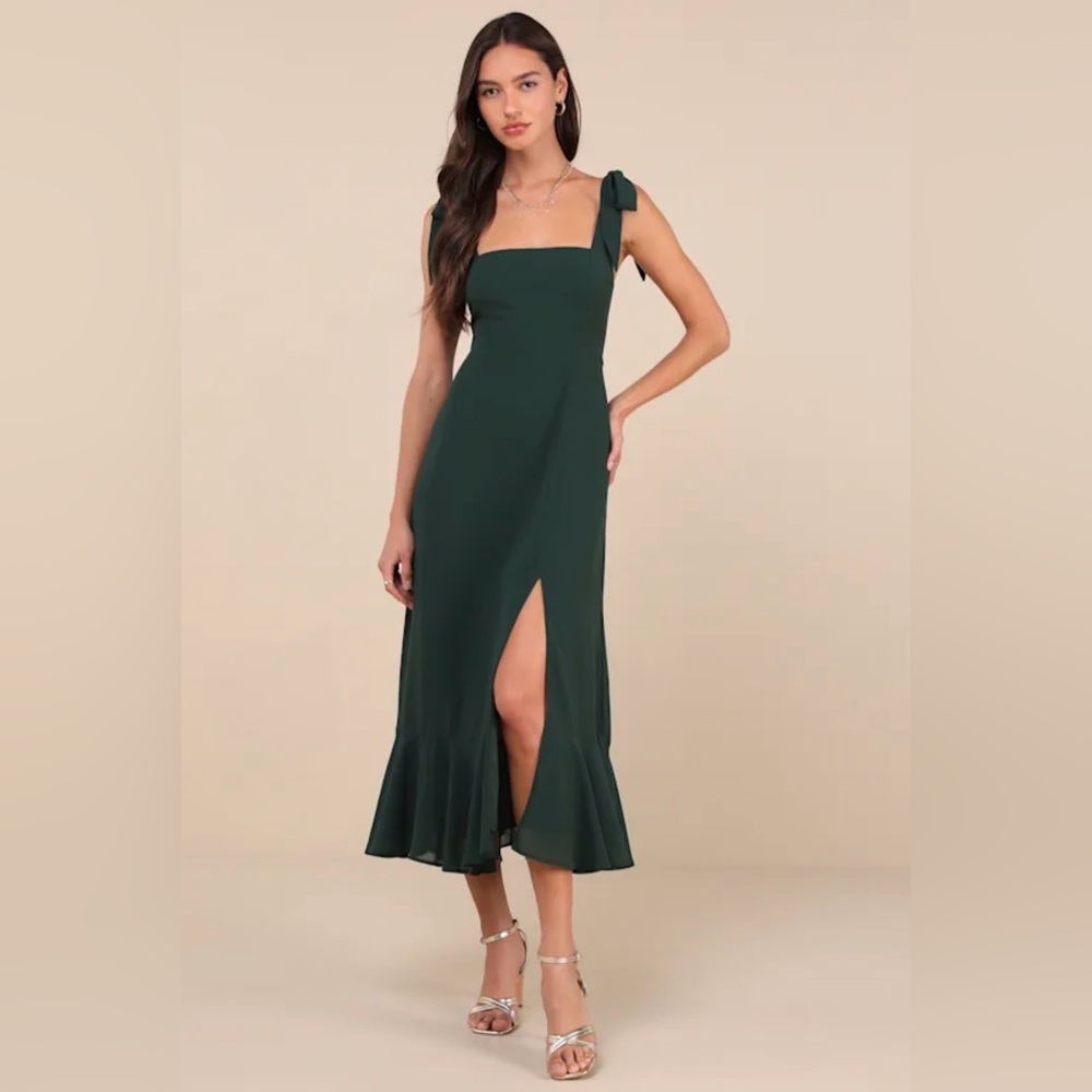 Lulu's Summer Invite Emerald Green Tie-Strap Tiered Midi Dress